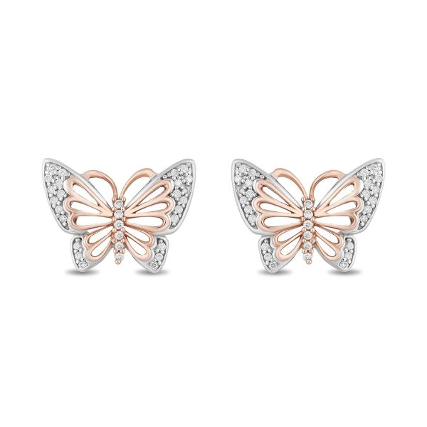 Enchanted Disney Fine Jewelry Sterling Silver and 10K Rose Gold 1 10 CTTW Natural White Round Diamond Mulan Butterfly Earrings Online Hot Sale