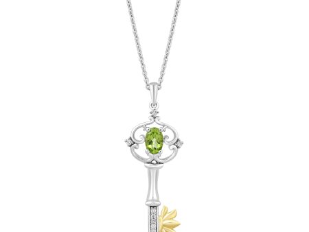 Enchanted Disney Fine Jewelry Sterling Silver and 10K Yellow Gold with 1 20 CTTW Diamond and Peridot Tiana Water Lily Key Pendant Necklace Supply