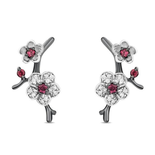 Enchanted Disney Fine Jewelry Black Rhodium Over Sterling Silver with Rhodolite Garnet and 1 8 CTTW Diamond Mulan Earrings For Discount