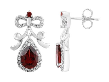 Enchanted Disney Fine Jewelry Sterling Silver with 1 4 CTTW Diamond and Garnet Snow White Bow Earrings For Sale