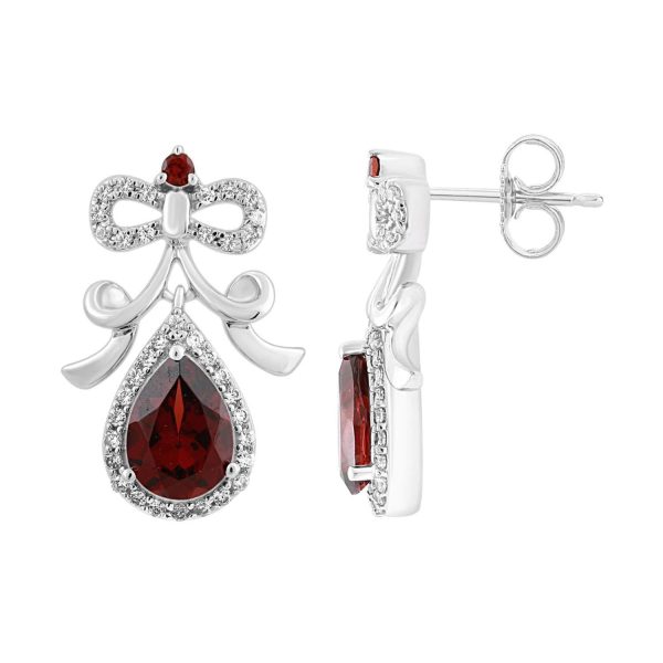 Enchanted Disney Fine Jewelry Sterling Silver with 1 4 CTTW Diamond and Garnet Snow White Bow Earrings For Sale