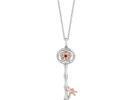 Enchanted Disney Fine Jewelry 14K Rose Gold Over Sterling Silver with 1 20 CTTW Diamonds and Rhodolite Garnet Mulan Key Pendant Necklace For Cheap