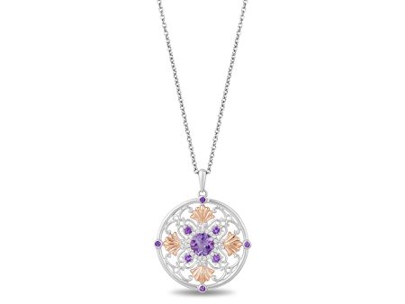 Enchanted Disney Fine Jewelry Sterling Silver and 10k Rose Gold with 1 10 CTTW Diamond and Amethyst Ariel Medallion Shell Pendant Necklace Discount