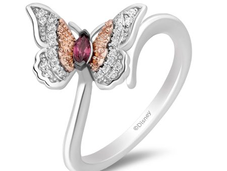 Enchanted Disney Fine Jewelry Sterling Silver and 10K Rose Gold 1 10 CTTW Diamond and Rhodolite Garnet Mulan Butterfly Ring For Cheap