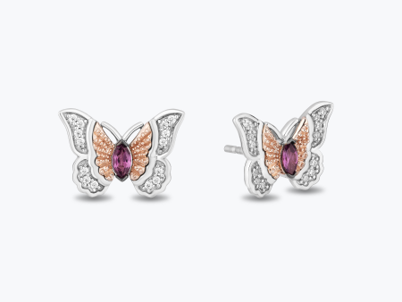 Enchanted Disney Fine Jewelry Sterling Silver and 10K Rose Gold 1 10 CTTW Diamond and Rhodolite Garnet Mulan Butterfly Earrings Fashion