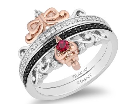 Enchanted Disney Fine Jewelry Sterling Silver and 10K Rose Gold with 1 4 CTTW Diamond and Ruby Snow White and Evil Queen Duo Ring Set For Cheap