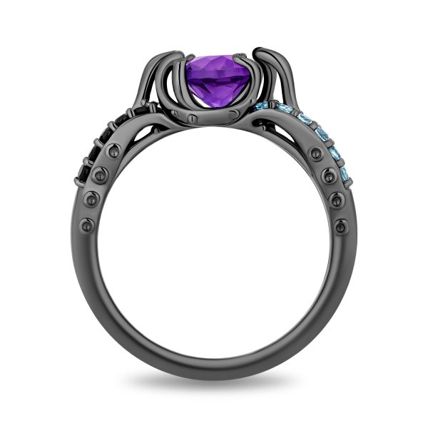 Enchanted Disney Fine Jewelry Black Rhodium Over Sterling Silver with 1 8 CTTW Diamonds, Amethyst and Swiss Blue Topaz Ursula Ring For Cheap