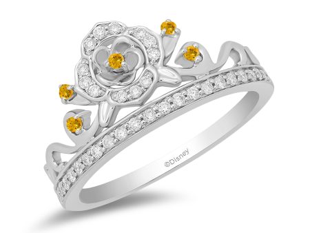 Enchanted Disney Fine Jewelry Sterling Silver With 1 5 CTTW Diamond and Citrine Belle Ring on Sale