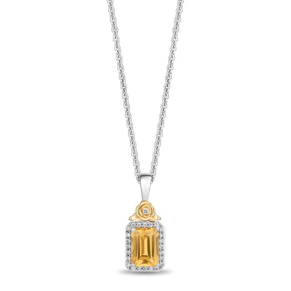 Enchanted Disney Fine Jewelry Sterling Silver and 10K Yellow Gold with 1 10 CTTW Diamonds and Citrine Belle Pendant Necklace Discount