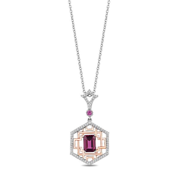 Enchanted Disney Fine Jewelry Sterling Silver and 10K Rose Gold with 1 5 CTTW Diamond and Rhodolite Garnet Mulan Pendant Necklace Online Sale