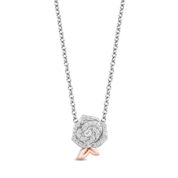 Enchanted Disney Fine Jewelry Sterling Silver and 10K Rose Gold with 1 6 CTTW Diamonds Belle Rose Necklace Online Hot Sale