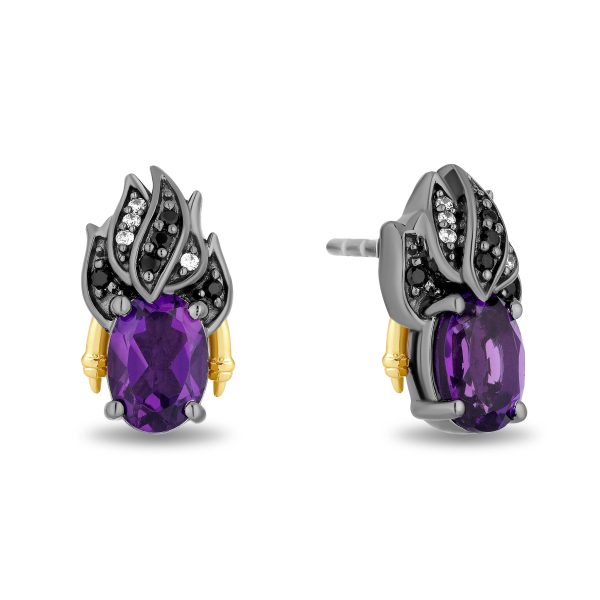 Enchanted Disney Fine Jewelry Black Rhodium Over Sterling Silver and 10K Yellow Gold with 1 10 CTTW Diamonds and Amethyst Ursula Stud Earrings Discount