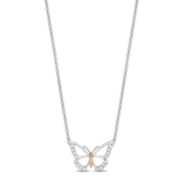 Enchanted Disney Fine Jewelry 14K Rose Gold Over Sterling Silver with 1 6 CTTW Diamonds Mulan Butterfly Pendant Necklace Supply