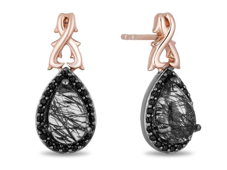 Enchanted Disney Fine Jewelry Black Rhodium Over Sterling Silver and 10K Rose Gold with 1 6 CTTW Diamonds and Rutile Quartz Maleficent Earrings For Discount