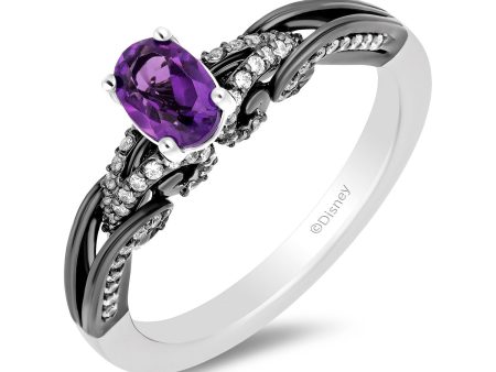 Enchanted Disney Fine Jewelry 14K White Gold with Black Rhodium Ursula Gemstone Engagement Ring with Oval Amethyst Center and 1 4 CTTW Diamonds Sale