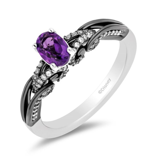 Enchanted Disney Fine Jewelry 14K White Gold with Black Rhodium Ursula Gemstone Engagement Ring with Oval Amethyst Center and 1 4 CTTW Diamonds Sale