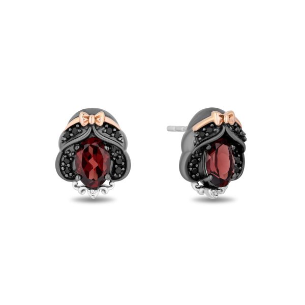 Enchanted Disney Fine Jewelry Black Rhodium Over Sterling Silver and 10K Rose Gold 1 7 CTTW White Diamond and Black diamond with Red Garnet Snow White Stud Earrings Cheap