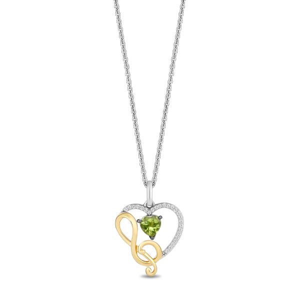 Enchanted Disney Fine  Princess and Frog Anniversary  Special Jewelry Sterling Silver and 10K Yellow Gold with 1 20 CTTW Diamonds and Heart Peridot Princess and the Frog 15th Anniversary Tiana Pendant Necklace For Sale