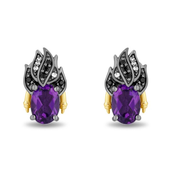 Enchanted Disney Fine Jewelry Black Rhodium Over Sterling Silver and 10K Yellow Gold with 1 10 CTTW Diamonds and Amethyst Ursula Stud Earrings Discount