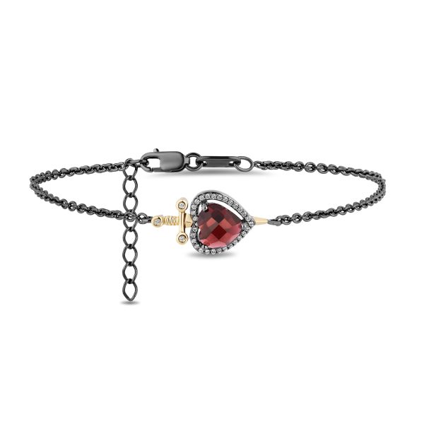 Enchanted Disney Fine Jewelry Black Rhodium over Sterling Silver and 10K Yellow Gold With 1 10 CTTW Diamond and Garnet Evil Queen Dagger Bracelet Online