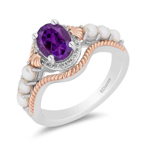 Enchanted Disney Fine Jewelry 14K Rose Gold Over Sterling Silver with 1 20 CTTW Diamonds and Amethyst and Fresh Water Pearl Little Mermaid 35th Anniversary Ariel Ring Online Hot Sale