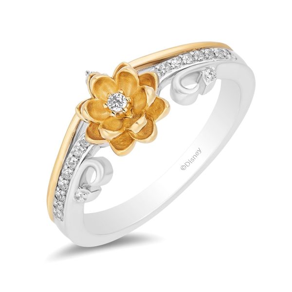 Enchanted Disney Fine Jewelry Sterling Silver and 10K Yellow Gold 1 8 CTTW Diamond Tiana Flower Ring Online