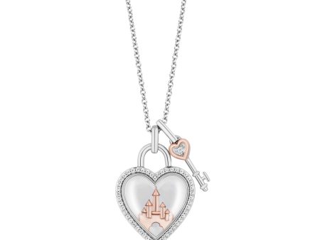 Enchanted Disney Fine Jewelry Celebration Sterling Silver and 10K Rose Gold with 1 6 CTTW Diamond and White Quartz Heart and Key Majestic Princess Pendant Necklace Online now