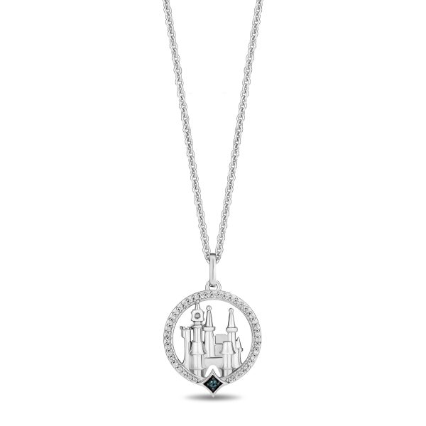 Enchanted Disney Fine Jewelry Sterling Silver with 1 10 CTTW Diamonds and London Blue Topaz Cinderella Castle Pendant Necklace Fashion