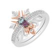 Enchanted Disney Fine Jewelry Sterling Silver and 10K Rose Gold With 1 5 CTTW Diamond with Round Swiss Blue Topaz and Rhodolite Garnet Elsa and Anna Duo Stack Ring For Sale