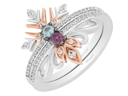 Enchanted Disney Fine Jewelry Sterling Silver and 10K Rose Gold With 1 5 CTTW Diamond with Round Swiss Blue Topaz and Rhodolite Garnet Elsa and Anna Duo Stack Ring For Sale