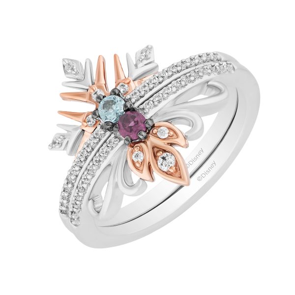 Enchanted Disney Fine Jewelry Sterling Silver and 10K Rose Gold With 1 5 CTTW Diamond with Round Swiss Blue Topaz and Rhodolite Garnet Elsa and Anna Duo Stack Ring For Sale