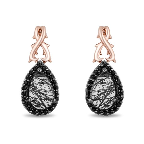 Enchanted Disney Fine Jewelry Black Rhodium Over Sterling Silver and 10K Rose Gold with 1 6 CTTW Diamonds and Rutile Quartz Maleficent Earrings For Discount