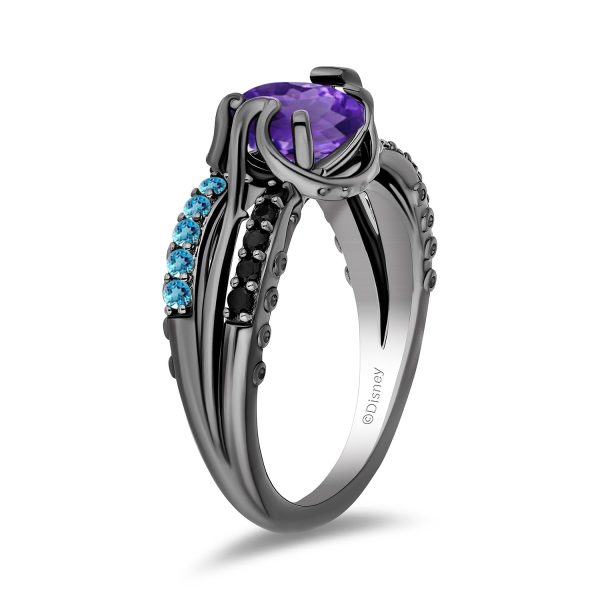 Enchanted Disney Fine Jewelry Black Rhodium Over Sterling Silver with 1 8 CTTW Diamonds, Amethyst and Swiss Blue Topaz Ursula Ring For Cheap