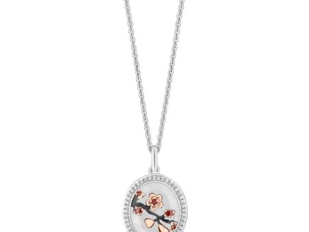 Enchanted Disney Fine Jewelry Black Rhodium over Sterling Silver and 10K Rose Gold 1 6 CTTW Diamonds and Garnet with White Quartz Mulan Pendant Necklace Sale