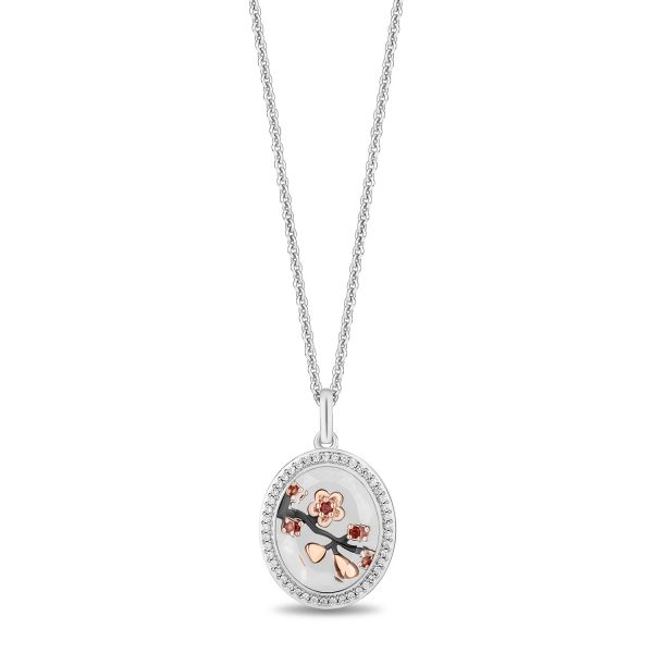 Enchanted Disney Fine Jewelry Black Rhodium over Sterling Silver and 10K Rose Gold 1 6 CTTW Diamonds and Garnet with White Quartz Mulan Pendant Necklace Sale