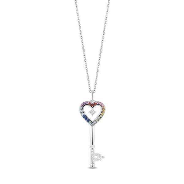 Enchanted Disney Fine Jewelry Sterling Silver with 1 10 CTTW Diamonds and Gemstones Majestic Princess Key Heart Necklace For Discount