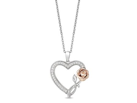 Enchanted Disney Fine Jewelry Sterling Silver and 10K Rose Gold with 1 6 CTTW Diamonds Belle Rose with Heart Pendant Necklace Online Hot Sale