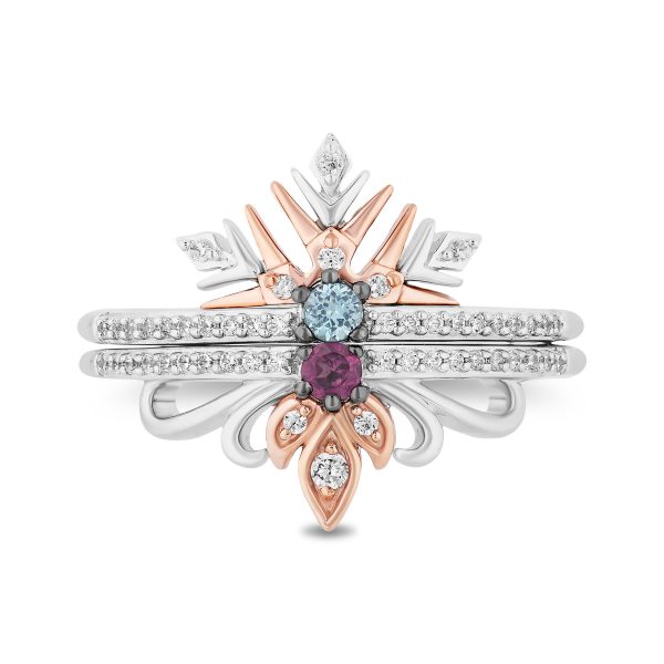 Enchanted Disney Fine Jewelry Sterling Silver and 10K Rose Gold With 1 5 CTTW Diamond with Round Swiss Blue Topaz and Rhodolite Garnet Elsa and Anna Duo Stack Ring For Sale