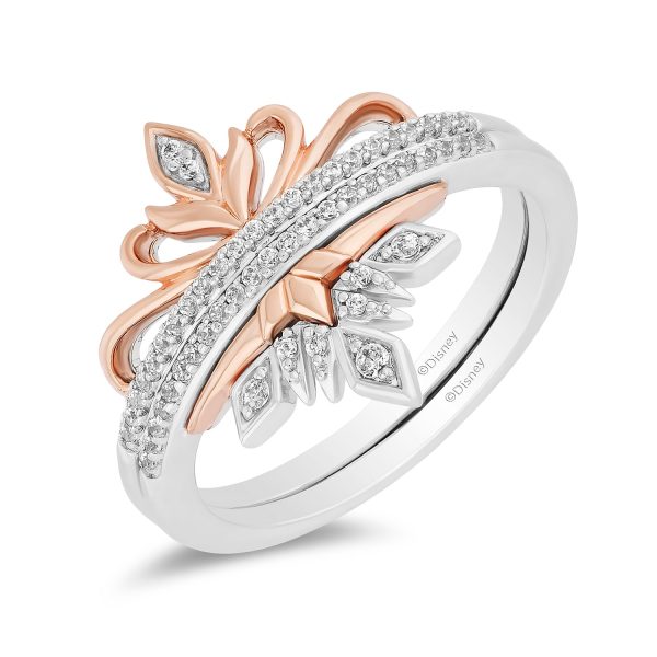 Enchanted Disney Fine Jewelry Sterling Silver and 10K Rose Gold With 1 6 CTTW Diamond Elsa and Anna Duo Stack Ring Online Sale