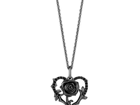 Enchanted Disney Fine Jewelry Black Rhodium Over Sterling Silver with 1 6 CTTW Diamonds Maleficent Heart Rose Pendant Necklace Sale