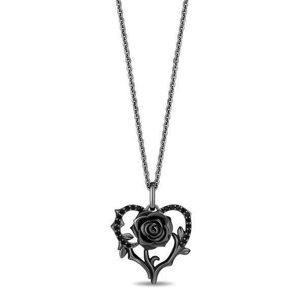 Enchanted Disney Fine Jewelry Black Rhodium Over Sterling Silver with 1 6 CTTW Diamonds Maleficent Heart Rose Pendant Necklace Sale