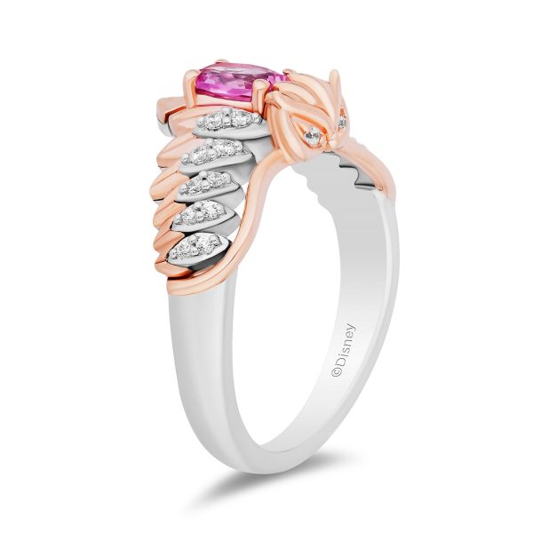 Enchanted Disney Fine Jewelry 14K Rose Gold Over Sterling Silver with 1 8 CTTW Diamonds and Created Pink Sapphire Sleeping Beauty 65th Anniversary Celebration Aurora Owl Ring Hot on Sale