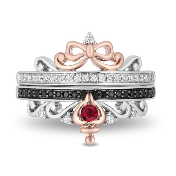 Enchanted Disney Fine Jewelry Sterling Silver and 10K Rose Gold with 1 4 CTTW Diamond and Ruby Snow White and Evil Queen Duo Ring Set For Cheap