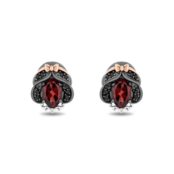 Enchanted Disney Fine Jewelry Black Rhodium Over Sterling Silver and 10K Rose Gold 1 7 CTTW White Diamond and Black diamond with Red Garnet Snow White Stud Earrings Cheap