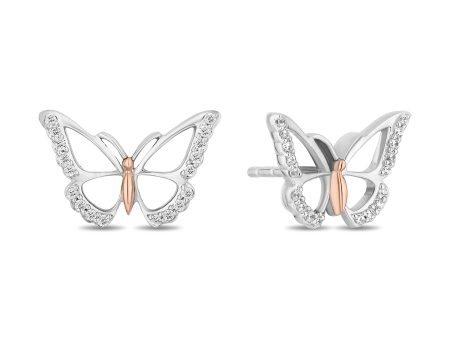 Enchanted Disney Fine Jewelry 14K Rose Gold Over Sterling Silver with 1 6 CTTW Diamonds Mulan Butterfly Stud Earrings For Sale