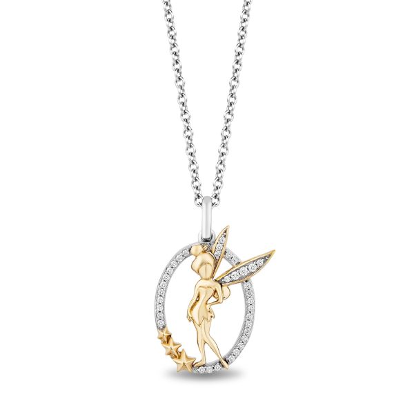 Enchanted Disney Fine Jewelry 14K Yellow Gold Over Sterling Silver with 1 10 CTTW Diamond Tinker Bell Pendant Necklace Cheap