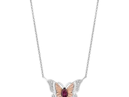 Enchanted Disney Fine Jewelry Sterling Silver and 10K Rose Gold 1 10 CTTW Diamond and Rhodolite Garnet Mulan Butterfly Necklace on Sale