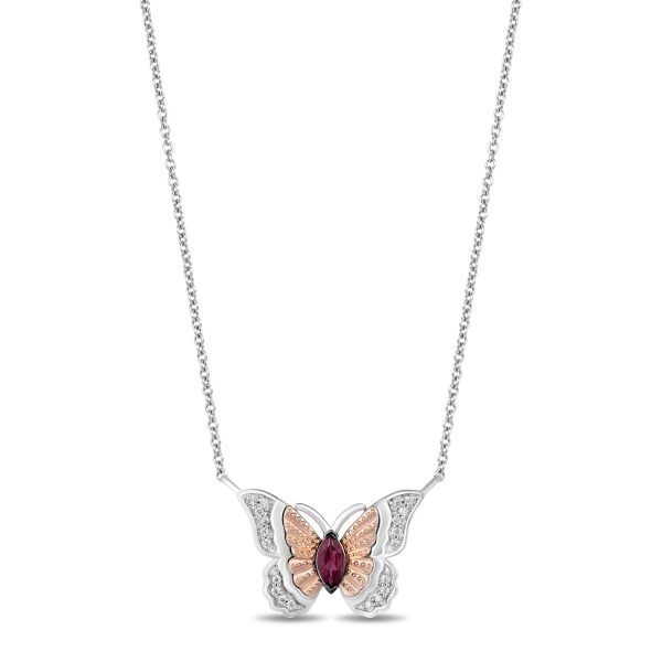 Enchanted Disney Fine Jewelry Sterling Silver and 10K Rose Gold 1 10 CTTW Diamond and Rhodolite Garnet Mulan Butterfly Necklace on Sale