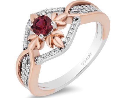 Enchanted Disney Fine Jewelry Sterling Silver and 10K Rose Gold with 1 6 CTTW Diamond and Rhodolite Garnet Anna Ring For Sale