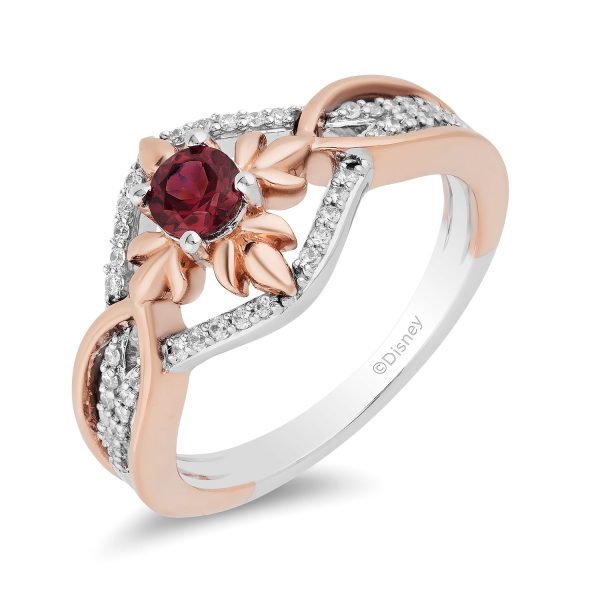 Enchanted Disney Fine Jewelry Sterling Silver and 10K Rose Gold with 1 6 CTTW Diamond and Rhodolite Garnet Anna Ring For Sale